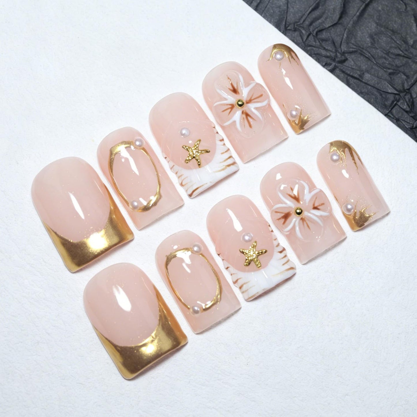 EasierGlow 10Pcs Handmade Short Square Press On Nails | Easy Apply & Remove, Reusable Salon Quality Nails | Nude Press Ons with Gold French Tips, Starfish & Pearl Accents(Y212, S)