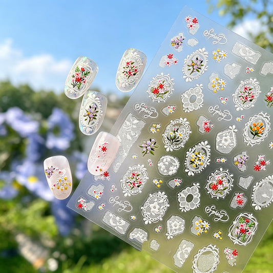 5D Embossed Nail Stickers Spring Summer Flower Nail Art Stickers Lace Frame & Floral Bouquet Nail Sliders Cute Self-Adhesive Nail Decals for Women Girls DIY Manicure, 1 Sheet