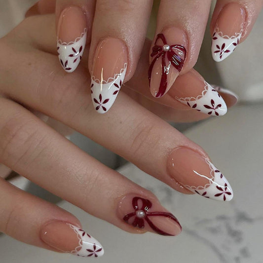 Hkanlre Ballet Press on Nails Almond Full Cover False Nails Red Bow Fake French Nails Medium for Women 24PCS