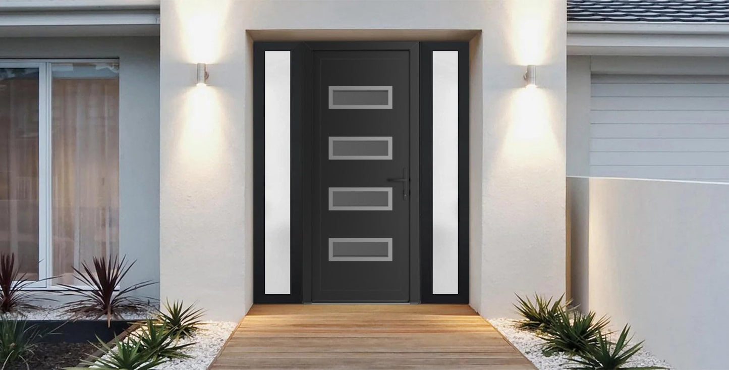 VDOMDOORS Front Exterior Prehung Metal-Plastic Door Frosted Glass | Manux 8113 Matte Black | 2 Side Sidelite Transoms | Residential Doors Entrance Patio Garage 64 x 80 (W14+36+14 x H80) Left-Inswing