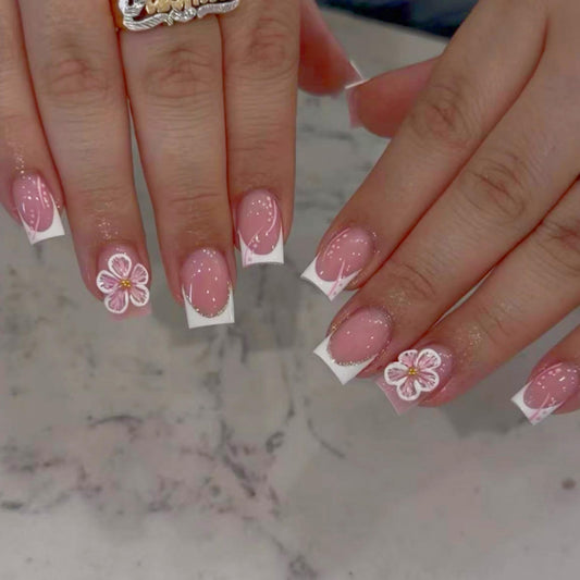Medium Press on Nails Square Fake Nails Nude Pink French Artificial Nail 3D Flower Gold Glitter Stick on Nail for Women 24pcs
