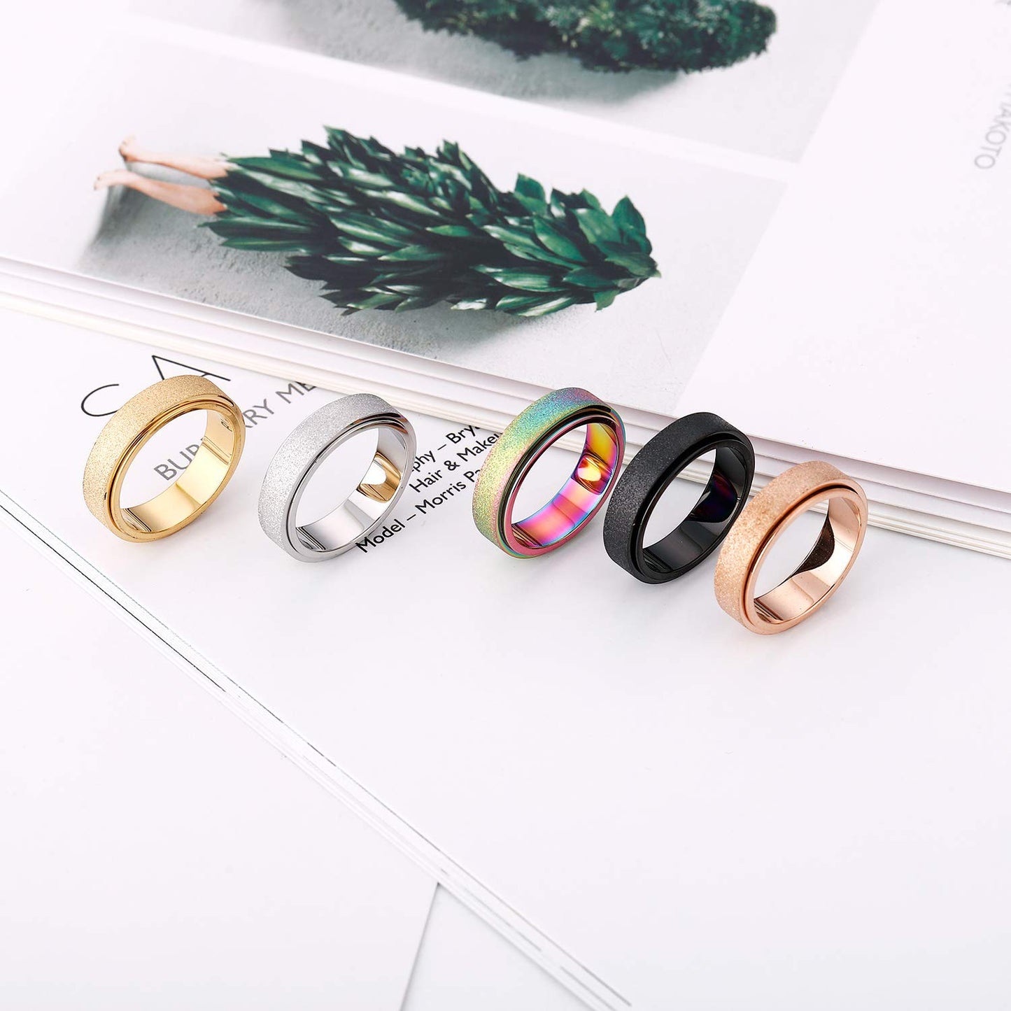 OreilleStar Anxiety Ring for Women Fidget Spinner Ring Fidget Toys Adults Titanium Stainless Steel Thumb Ring 6mm Wide Rainbow Size 10