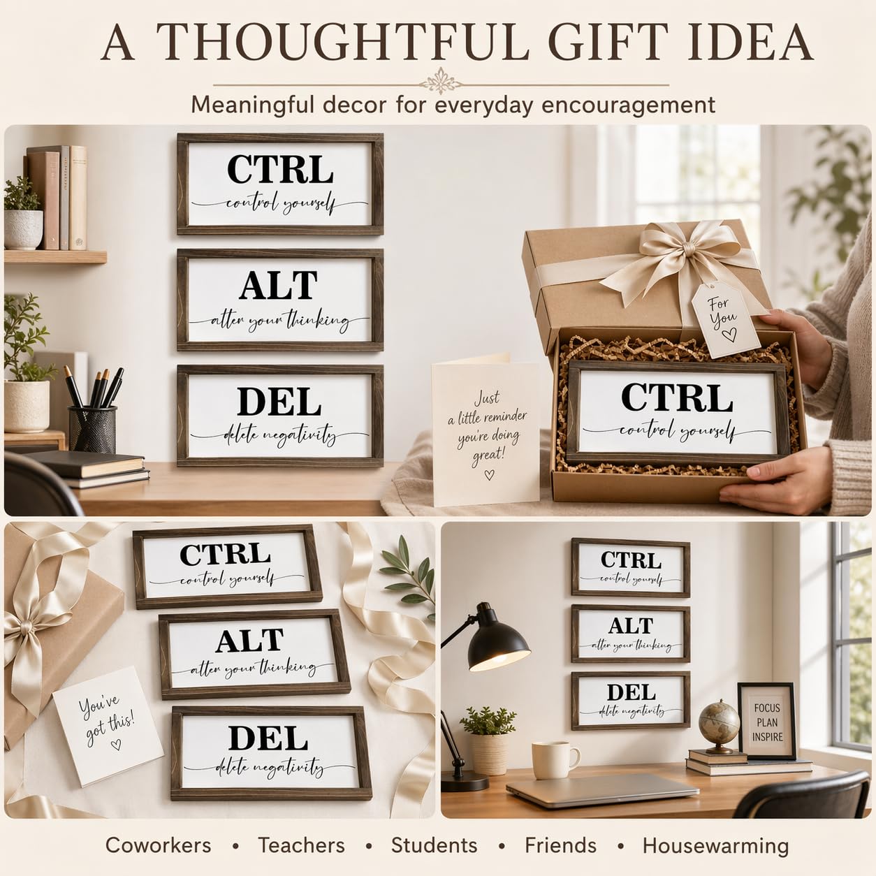 Pinetree Art Motivational Wall Decor for Office, Set of 3 Rustic Wooden Framed Signs, CTRL ALT DEL Inspirational Wall Art for Home Office, Classroom, Desk Wall, Positive Mindset Decor, (6"x12"x3)
