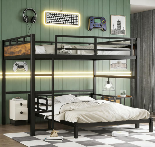 Bellemave Detachable Bunk Bed Queen Over Queen, Metal Bunk Bed with Guardrails, Queen Size Loft beds for Kids, Teens & Adults（Vintage Wood-Colored）