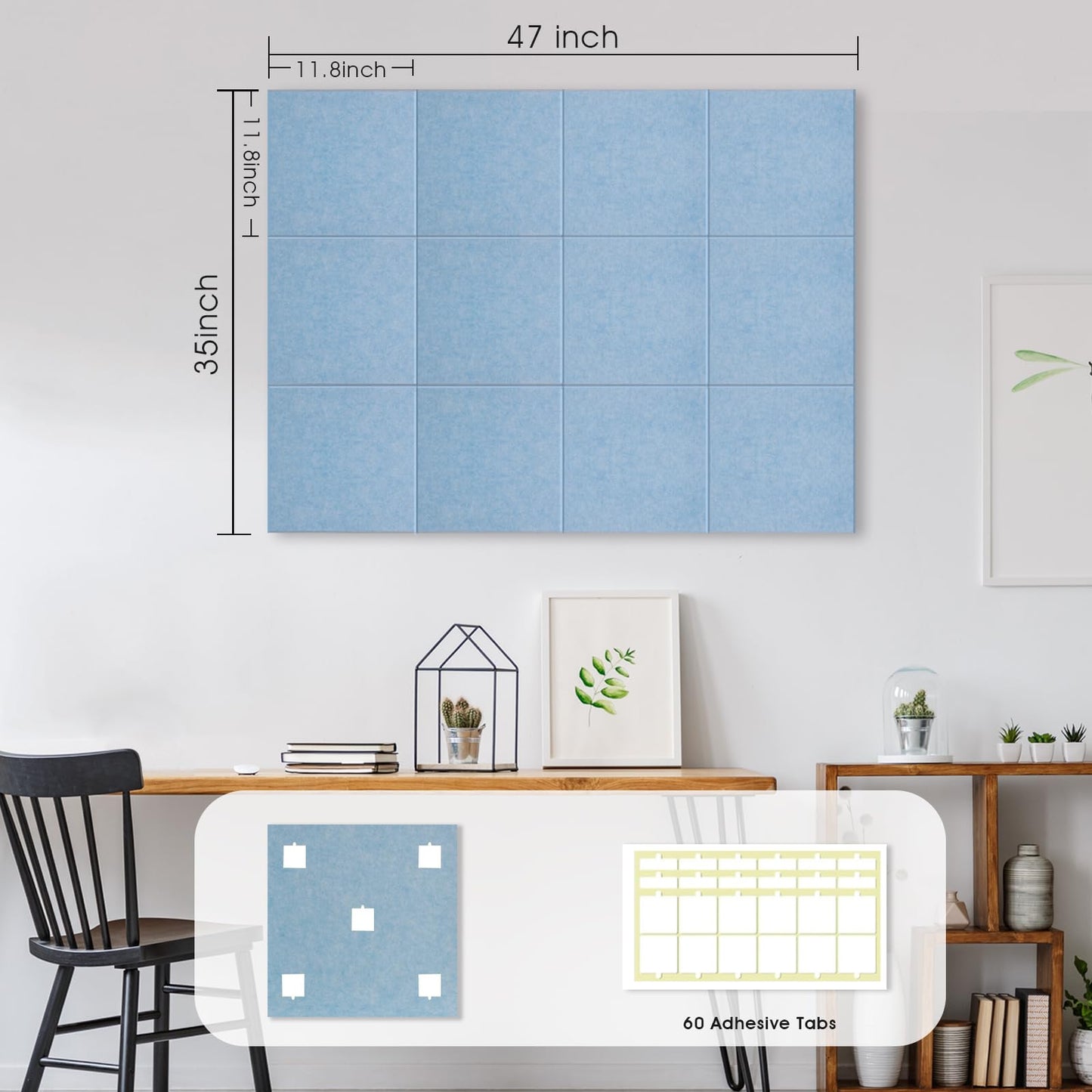 Large Cork Board for Office Wall Decor,48"x36"-12 Pack Felt Wall Tiles with Safe Removable Adhesive Tabs, Thicker 0.47in, Felt Bulletin Board Pin Board Cork Boards for Walls - Light Blue