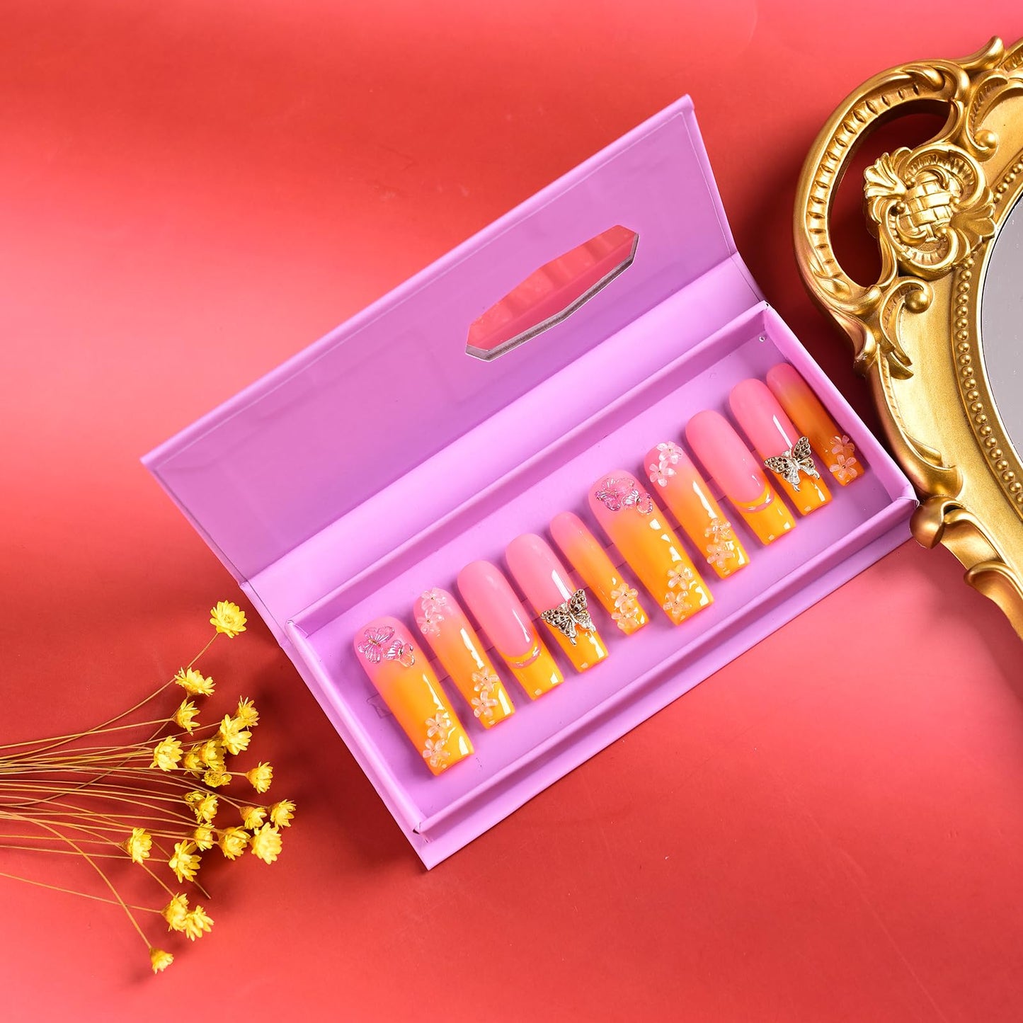 Tmani 10pc/set Extra Long Handmade Press On Nail Hot Girl's Long Ballet Nails Square Nail Full of Diamond Glitter Decoration Fake Nails Suitable For Girls Festival Parties and Birthday Gift (279,M)