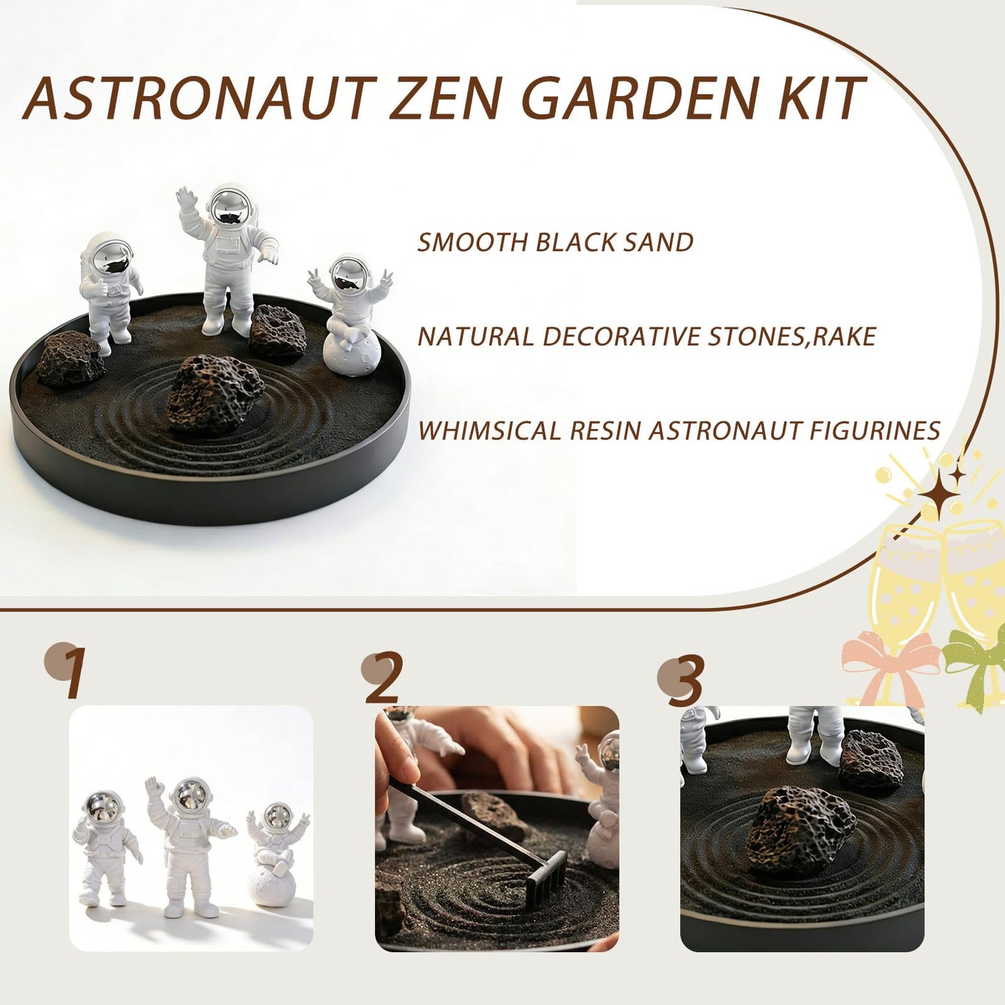 Astronaut Zen Garden Kit, Desktop Zen Garden for Stress Relief, Mini Sandbox with Rake and Decorative Stones for Office & Home Desk Decorations