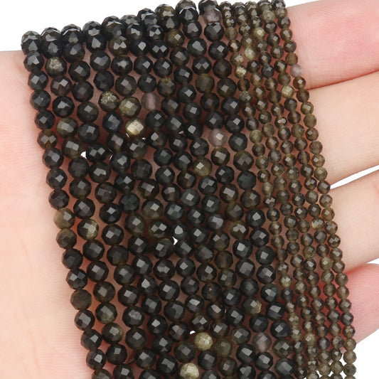 Song Xi 120pcs 3mm Natural Gold Obsidian Gemstone Beads Faceted Round Loose Stone Beads for Jewelry Making