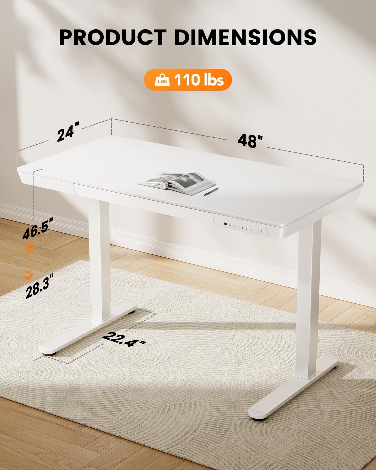ErGear Electric Standing Desk with Drawers & USB Charging Ports, 48 x 24 Wood Height Adjustable Desk Whole Piece Home Office Computer Table, White