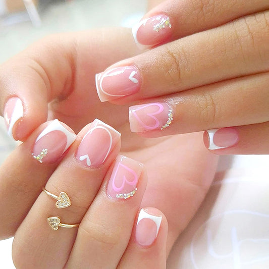 24Pcs French Tip Press on Nails with Nude Pink Hearts Design,Glossy Short Square False Nails Rhinestones Acrylic Fake Love Heart Stick on Fingernails Valentine's Press ons Cute Glue on Nail for Women