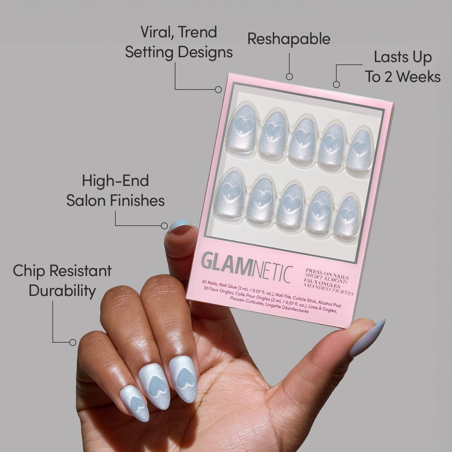 Glamnetic Press On Nails - Cold Hearted | Short Almond Fake Nails with Heart Accent and Pale Blue Velvet Finish, Salon Quality | 15 Sizes - 30 Nail Kit with Glue