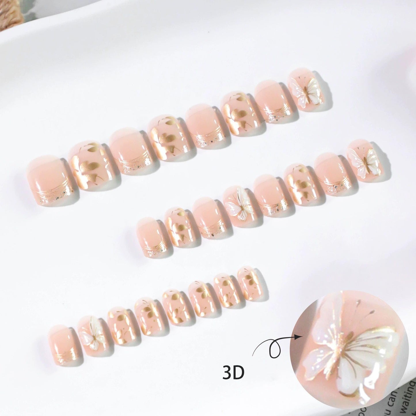 Short Square Press on Nails Gold Fake Nails Butterfly False Nails with Design Glossy Short Nail Press ons Full Cover Acrylic Nails for Women 24Pcs