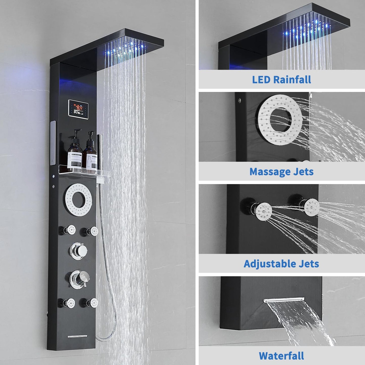 RUMOSE Matte Black Shower Panel Tower System, 5-Function Shower Faucet Set LED Light Rainfall Shower Head Digital Display with Massage Jets Tub Spout Shower Shelves, Stainless Steel, Wall Mount