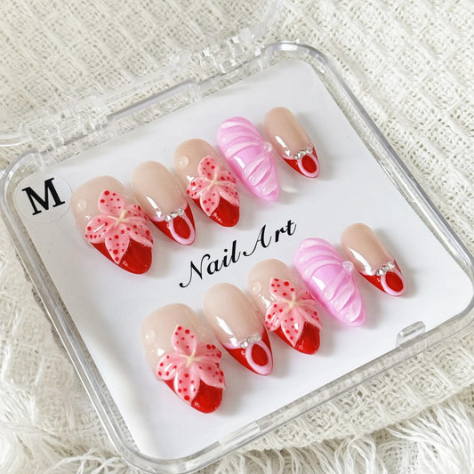 10PCS Handmade Press on Nails Red French Tip Press ones Medium Almond Trendy Flower Stick on Nails with designs Acrylic Nails Pink Gel Glue on Nails for Women Beach False Nails （M Size）