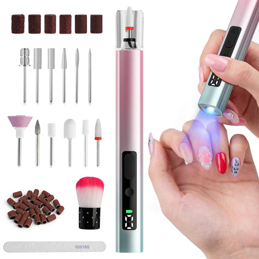 Bzone Cordless Electric Nail File Drill with UV Light Lamp, 5 Speed Rechargeable Portable Manicure and Pedicure Kit, for Human, Pet, Thick Toenails, Natural & Acrylic Nails Grey