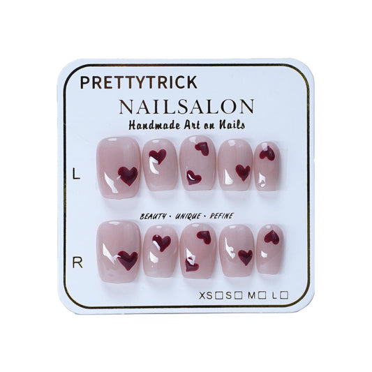Salon Effect Handmade Press On Nails Love Heart Shimmery Cat Eyes Gel Hand Painted Short Square False Nails Red for Girls 10 Pieces (Love Heart Square, S)