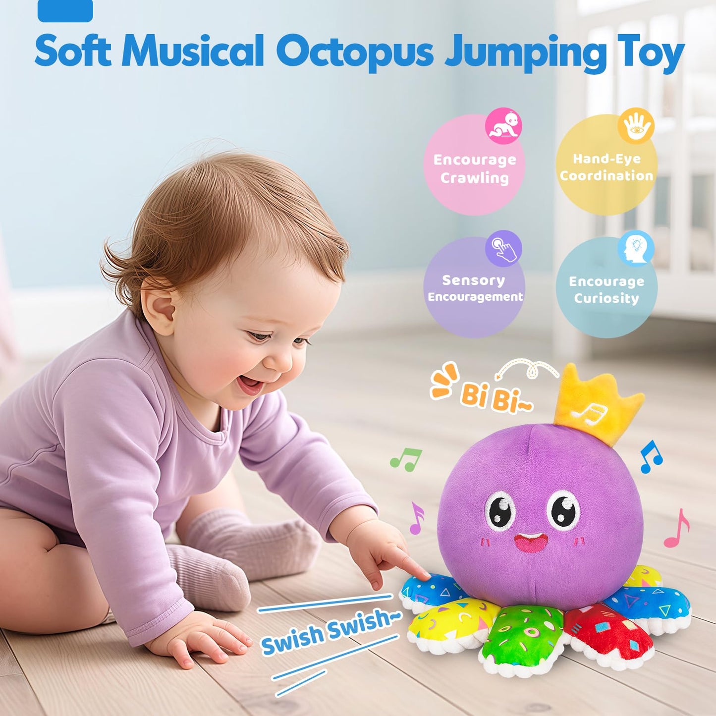 Baby Toys 6-12 Months,Musical Crawling Octopus Plush Toy,Sensory Toys for Infants,Birthday Boy 7 8 9 10 12-18 Month,Tap and Voice Interaction,Walking Bouncing Learning Tummy Time Toy