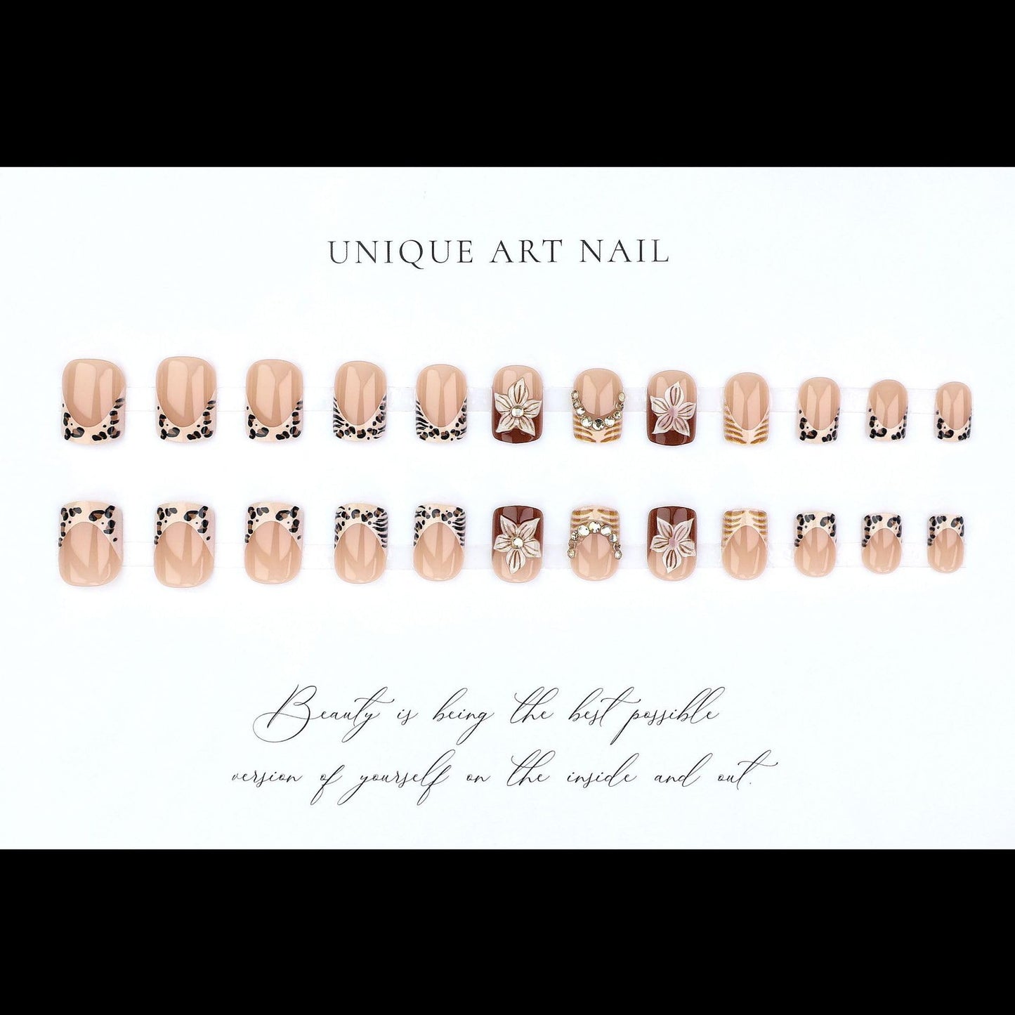 Short Square Press on Nails Fake Nails Artificial Nail Stick on Nail for Women, Nude Pink Leopard Print with 3D Flowers & Glam Gold Accents