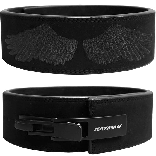 Katamu Black Out Wings USPA & IPL Approved Lever Belt — Premium 10mm and 13mm Leather Powerlifting Belt for Men and Women, Steel Lever Buckle, 4 Inch Back Support for Deadlifts