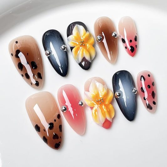 Luxury Press on Nails Medium Almond Handmade 3D Unique Reusable ABS Material Fake Nails False Nails with Designs Yellow Flower Leopard Art Petal Pink Glossy Glue on Thick Acrylic Nails(M)