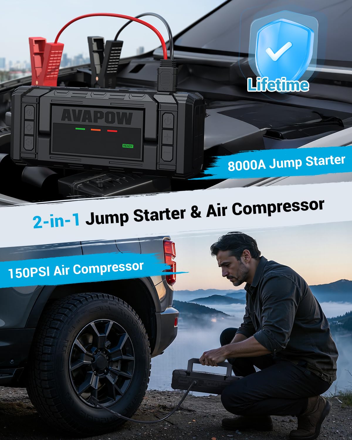 AVAPOW Jump Starter with Air Compressor, 8000A 150PSI Car Battery Booster Portable & AVAPOW 8000A Battery Jumper Starter Portable with 4″ HD Display PD 30W Dual-Way Fast Charging