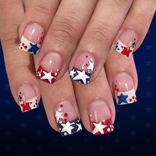 24Pcs Independence Day Press on Nails Short Square French Tip Fake Nails with Red Blue White Star Design 4th of July False Nails Patriotic Glue on Nail Full Cover Artificial Stick on Nails for Women