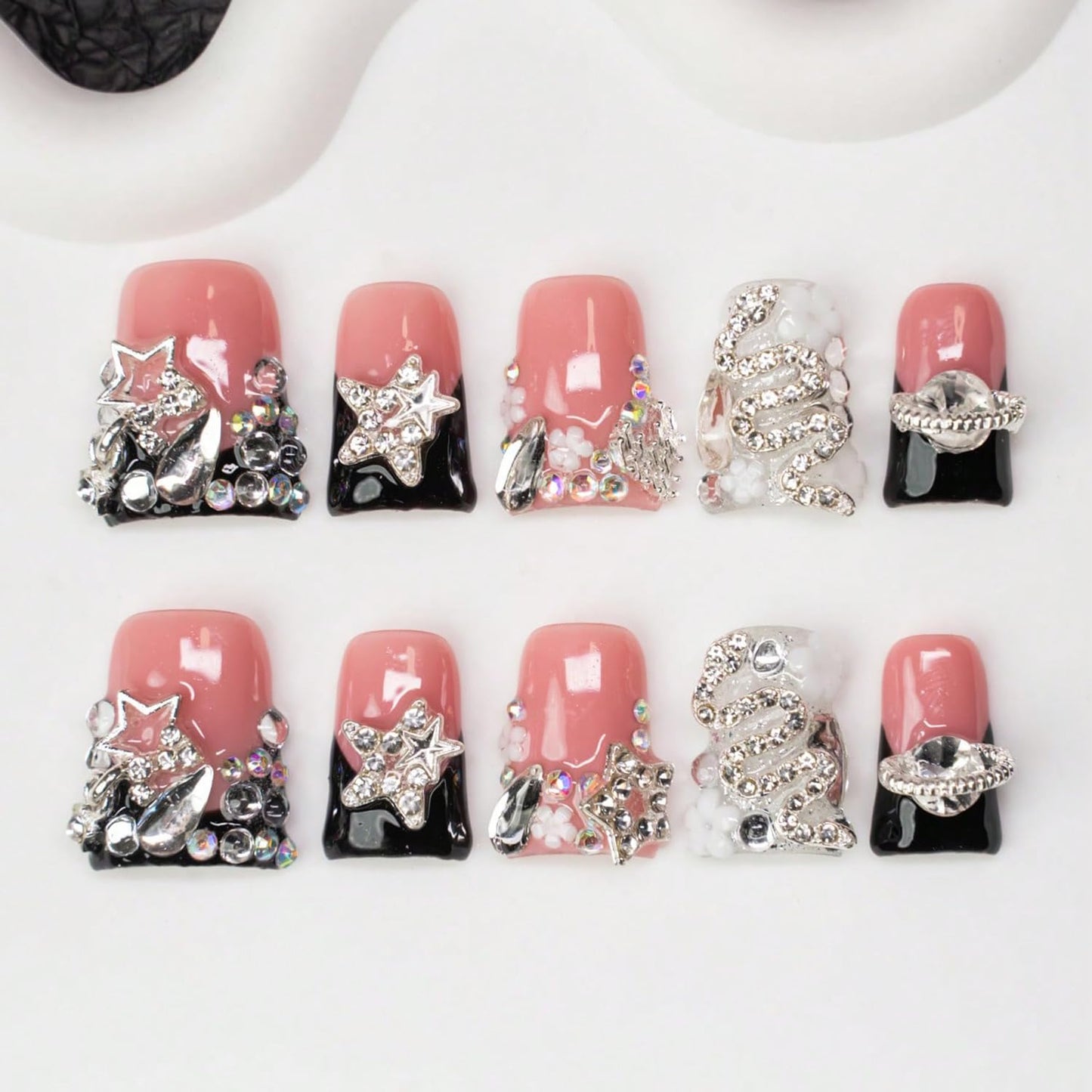 Handmade Press on Nails 3D Flower Nail Art Fake Nails Luxury Handmade Rhinestone & Stars Black French Tip Short Duck Acrylic Nail with Flower Design Thicked Stick on Nail for Women (S)