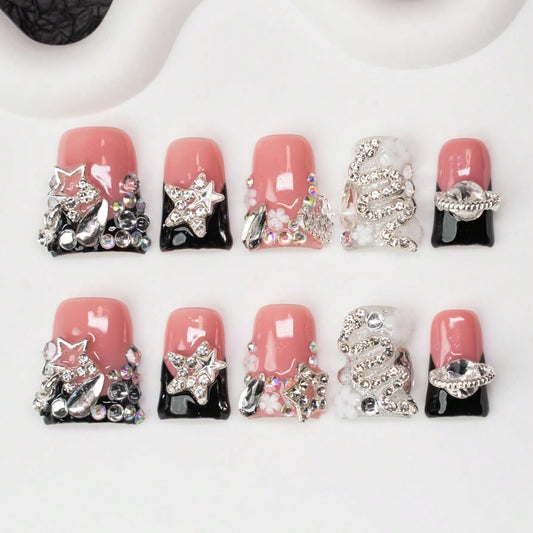 Handmade Press on Nails 3D Flower Nail Art Fake Nails Luxury Handmade Rhinestone & Stars Black French Tip Short Duck Acrylic Nail with Flower Design Thicked Stick on Nail for Women (S)