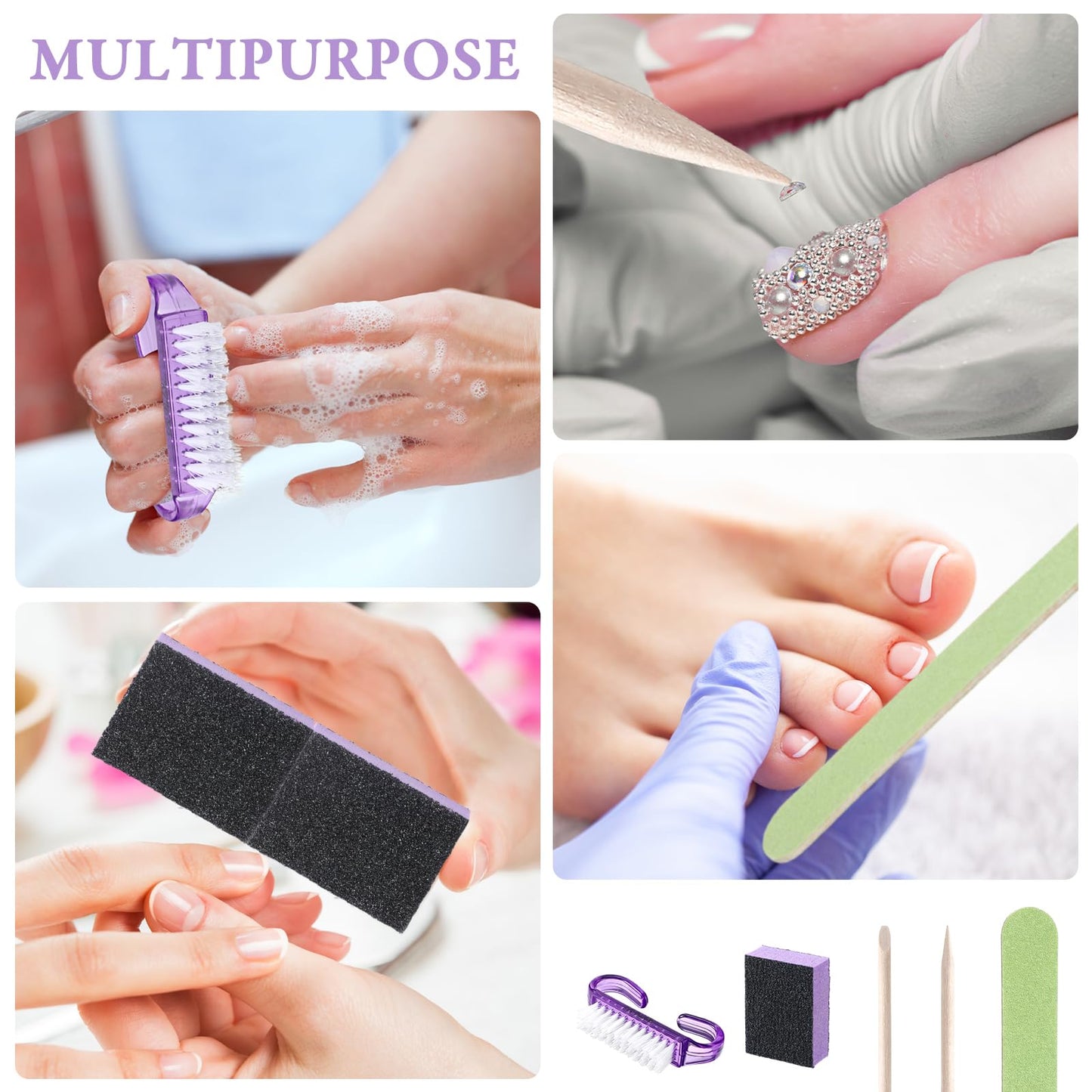 Leriton 100 Sets Mothers Day Professional Disposable Manicure Kit Basics 4 Piece Nail Kit Wood Nail File 100/180 Grit, Mini Buffer 80/100 Grit, Wood Stick and Handle Grip Brush Gifts(Purple)