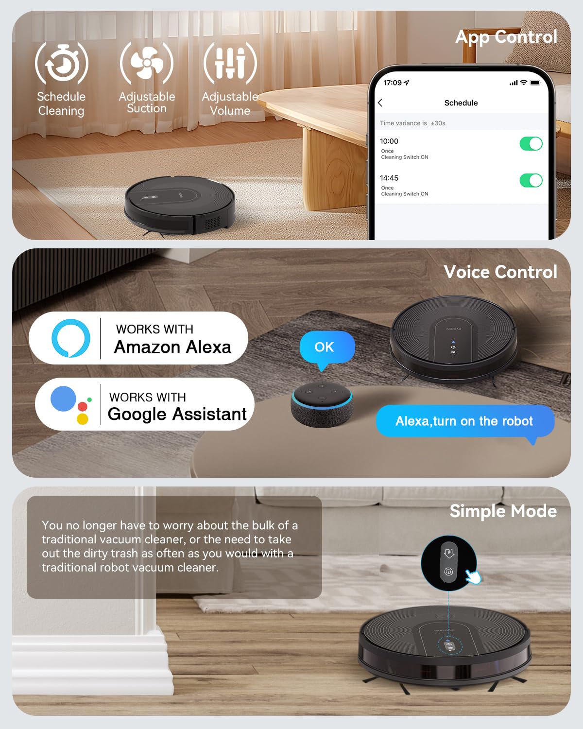 Kewbily Robot Vacuum Cleaner with Self-Emptying Base – 9000Pa Suction, 85 Days of Dust Storage, Wi-Fi/App/Alexa Control – Ideal for Hard Floors, Low Carpets, and Pet Hair
