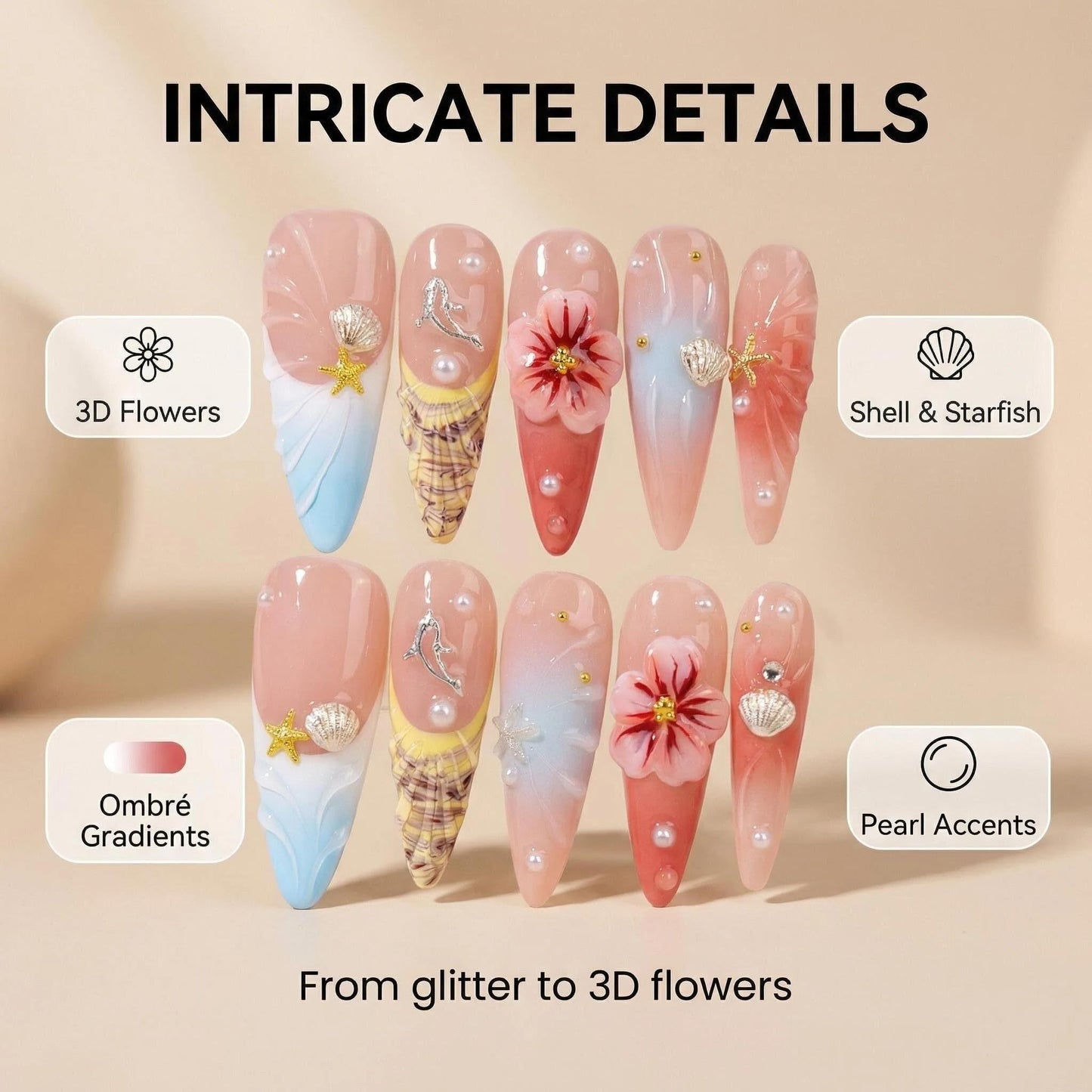 Handmade Press on Nails Long Stiletto False Nails Blue French Tip Fake Nails with 3D Red Flower and Dolphin Designs Sparkly Rhinestones Charm luxury Artificial Nails for Women (Size M）10pcs