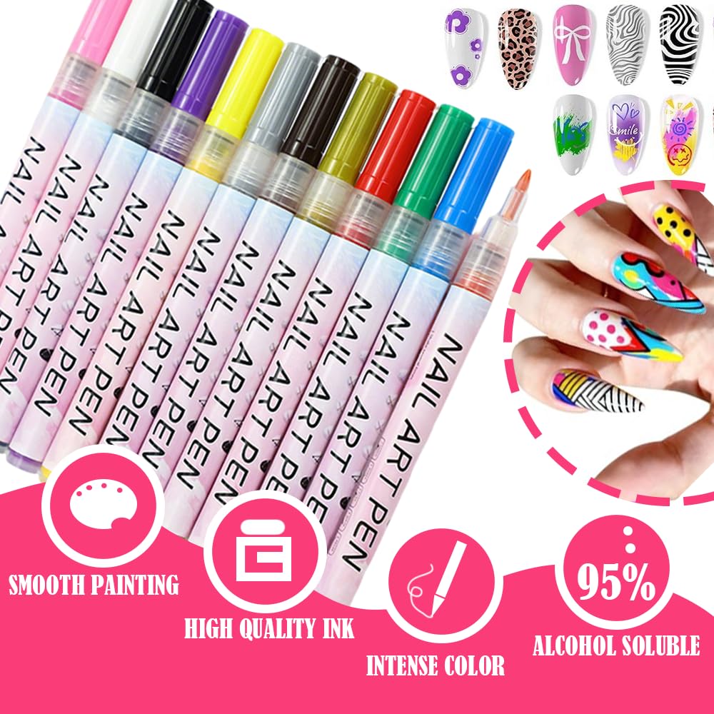 12 Colors Nail Art Pens Set, 2026 New Nail Marker, 0.7mm Quick-Drying Waterproof Polish Pens with Dotting Liner,Nail Art Tools for Graffiti Dotting Drawing Painting Point Liner DIY (2 Set)