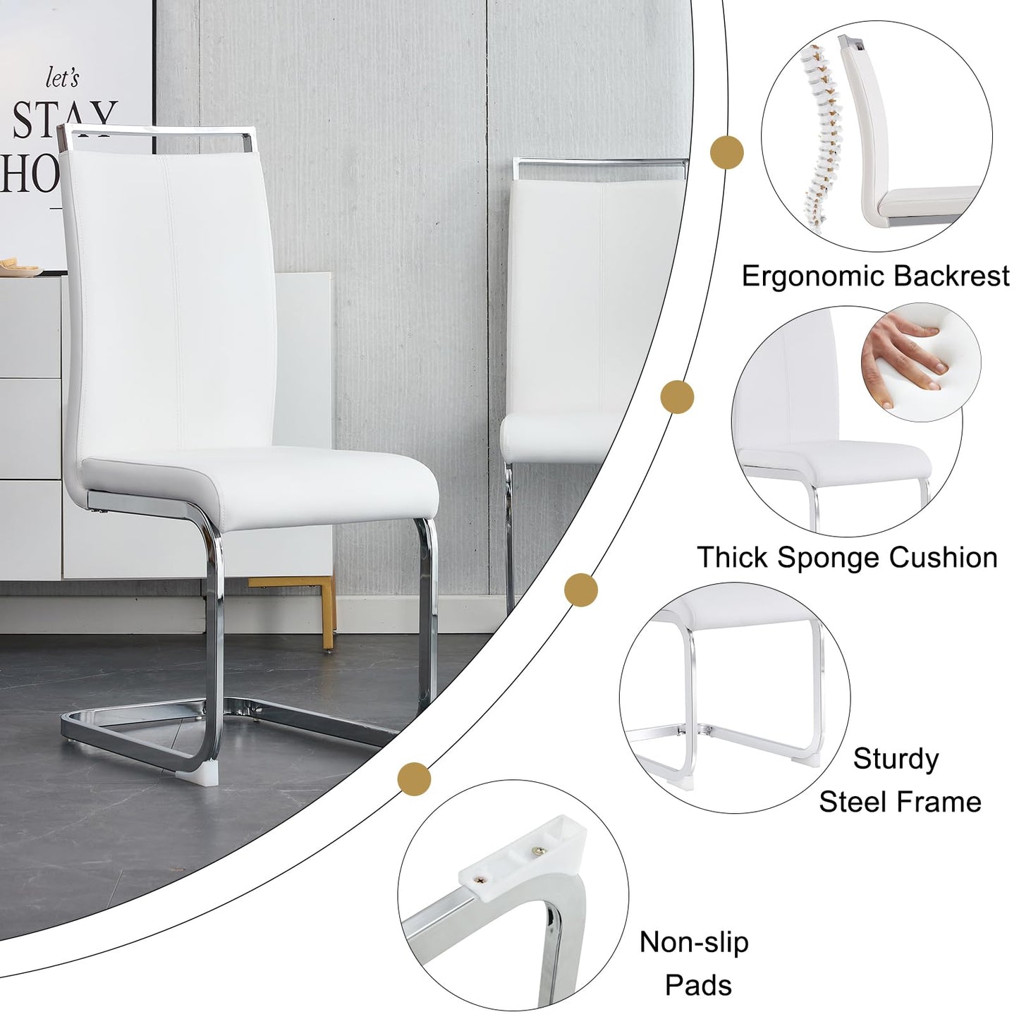 Ebullient Glass Table Set for 6, 7 Piece Set, Tempered Glass Top, White Modern Table with 6 PU Leather Ergonomic Chairs
