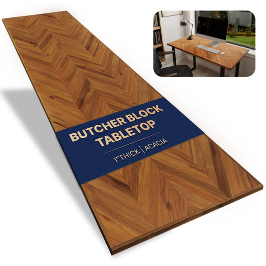Howizz 60x25 in Solid Wood Table Top - 1in Thick Butcher Block Countertop for Standing Desk, Office Table, Workbench, DIY Furniture Projects, Teak Look Chevron