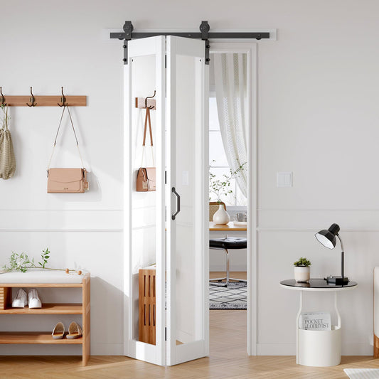 FREDBECK Bifold Barn Door 36x84 (Double 18x84) Hardware Kit Included,40" Track for 2 Doors, PVC, White,for Living Room, Bathrooms, Kicthen
