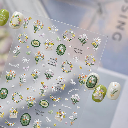 3D Embossed Daisy Nail Stickers Spring Summer - Green Oil Painting Floral Design, Self-Adhesive Nail Art Decals for Women, DIY Manicure Supplies 1 Sheet