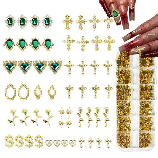 TmoGllp 56Pcs 3D Gold Cross Nail Charms Set, Emerald Green Rhinestones & Flat-Back Pearls for Y2K Nail Art Design