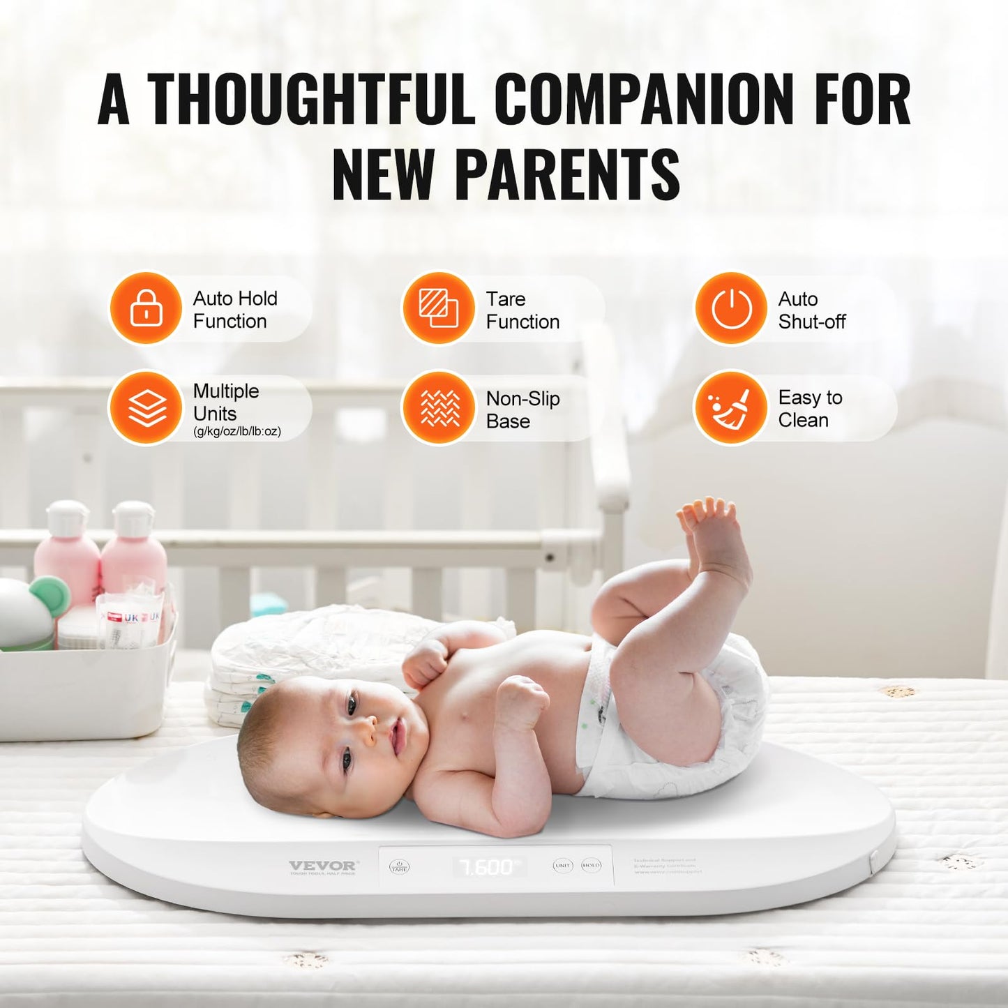 VEVOR Baby Scale, Digital Infant Scale with Measuring Tape, Multi-Function Toddler Scale for Weight and Height Track - with Hold & Tare Function, 5 Units for Babies, Toddlers, Pets, 88LBS Capacity