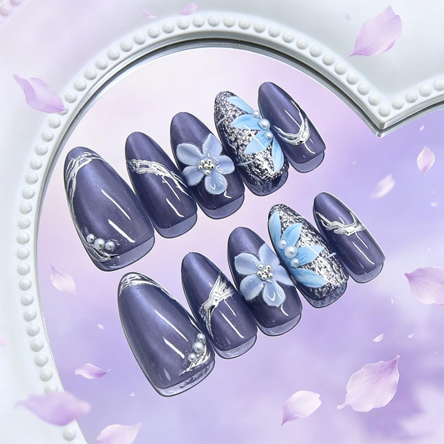 3D Floral Press on Nails Glossy Sparkly Blue Medium Almond Fake Nail Flower False Nails with Silver Glitter Design Curve Line Stick on Nail Pearl Glue on Artificial Fingernails for Women Daily Wear