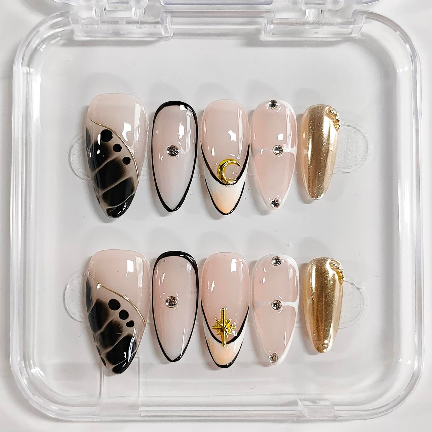 Handmade Press on Nails Almond Medium 3D French Tip Thick Acrylic Fake Nails False Nails with Moon Stars Rhinestones Gold Curve Line Designs Black&White Sturdy Nail Art Press on Nails 10Pcs(S)