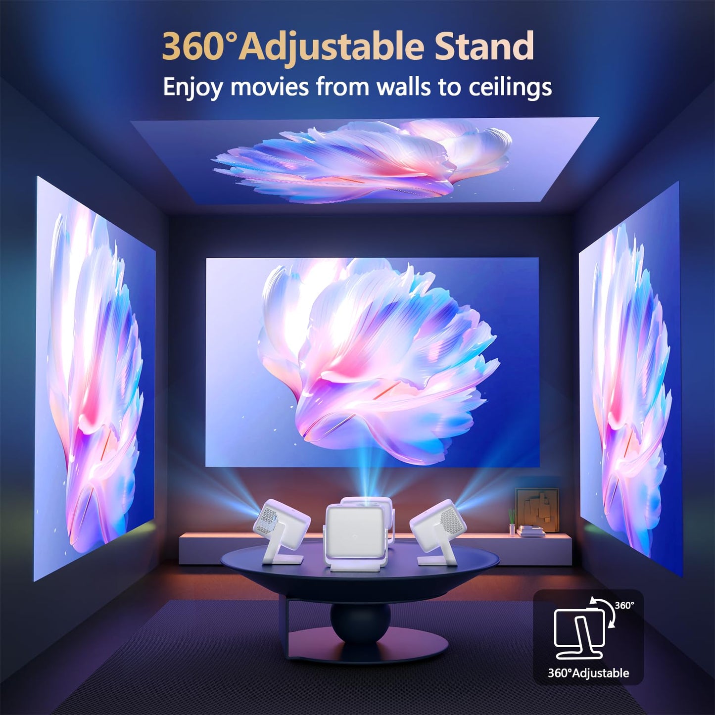 [3000+ Licensed Apps/Live TV/HDR10+/50W DoIby Audio] Smart 4K-Projector with WiFi and Bluetooth, Goiaey 3200ANSI Outdoor Projector with 360°Stand, Auto Focus, Auto Keystone, Short Throw Proyector