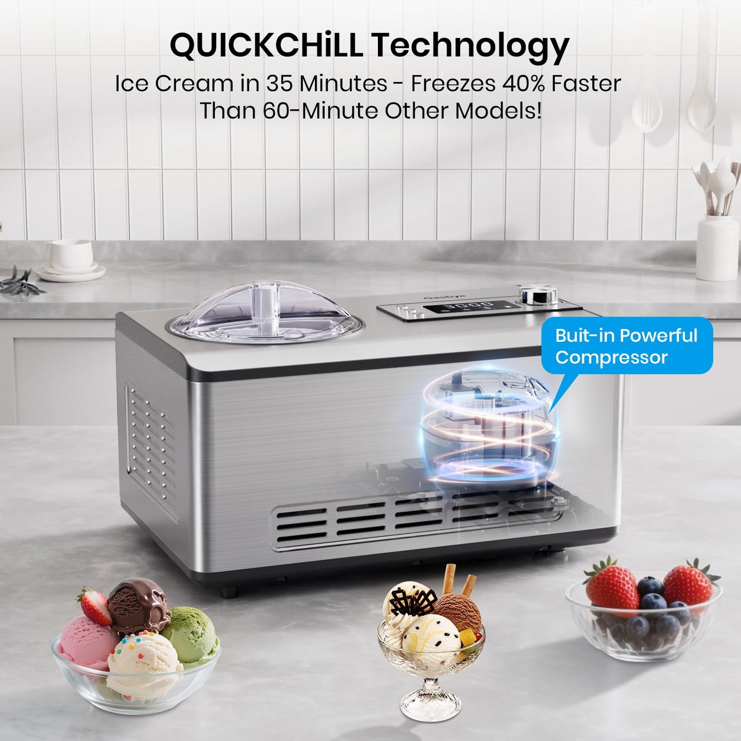 Gasbye Ice Cream Maker with Upgraded Compressor, [40% Faster Freezing], No Pre-Freezing Needed, LED Display, 2.1 Qt Capacity, Easy Operation for Ice Cream & Yogurt, Stainless Steel