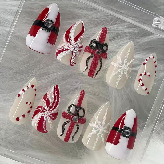 30Pcs Christmas Press on Nails Almond Fake Nails with Santa Claus Gift Designs Snowflake Candy Cane False Nails Red White Stripes Artificial Glue on Nail Holiday Stick on Nail for Women