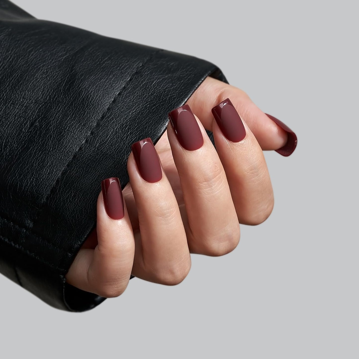 BTArtbox Press on Nails Short Square - Dark Red Nails with Glossy French Tips in a Matte Finish, Soft Gel Fake Nails Glue On Nails in 16 Sizes for Christmas, Classic French & Cozy Cocoa