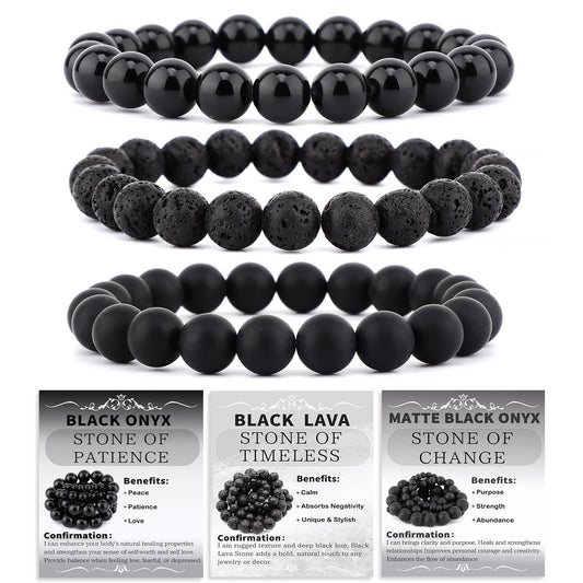 NCB 3-Piece 8mm Natural Crystal Gemstone Stretch Bracelets – ﻿Black Lava, Black Onyx, Matte Black Agate Handmade Reiki Energy Healing Jewelry for Meditation,Yoga, Unisex