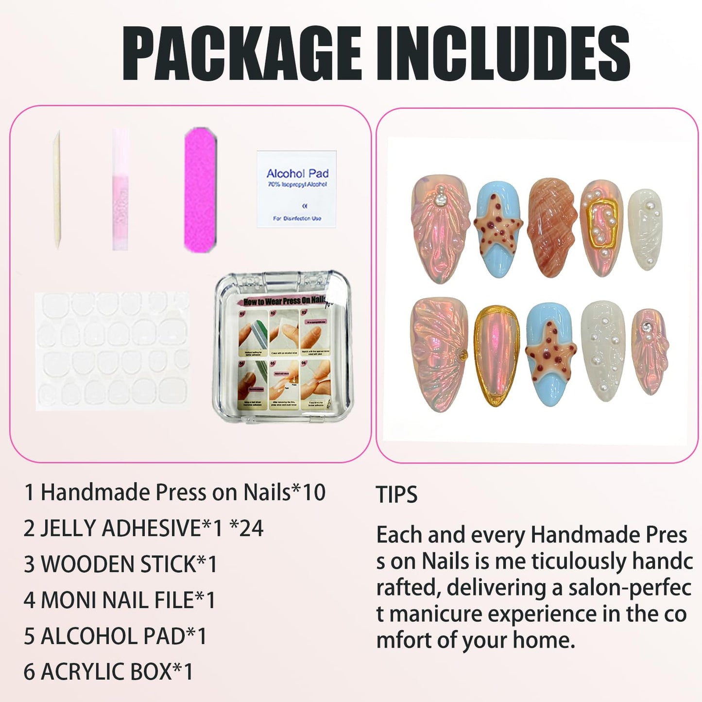 Handmade Press On Nails-3D Almond Cute Ummer Island Style ，Wedding Prom And Festival Traving Gift ，Thick Acrylic and Muti-Layer Gel Reusable False Nails (L)