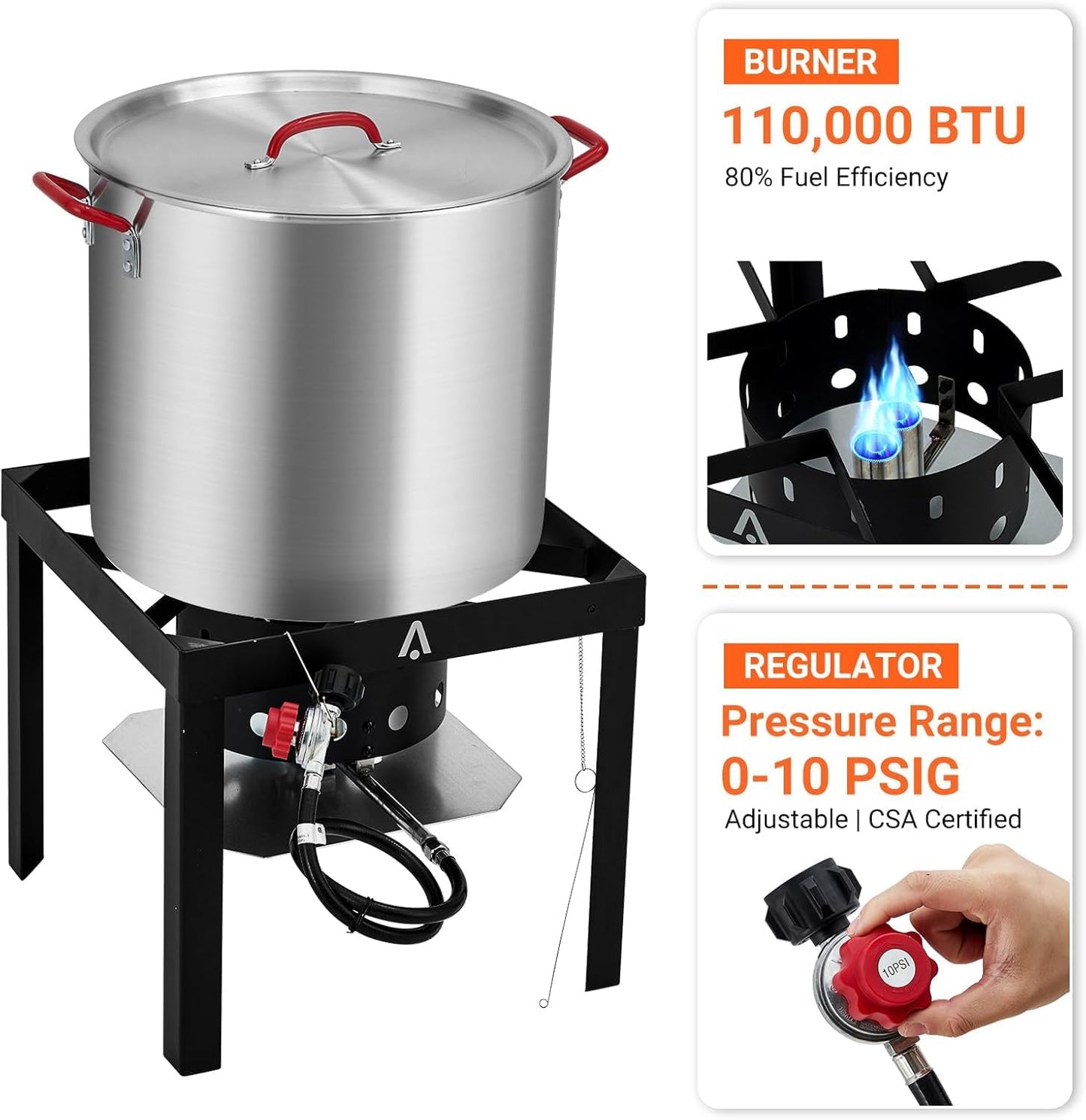60-Quart Aluminum Seafood Boil Pot Kit with Steam/Boil Basket & Strainer, 110,000 BTU Propane Jet Burner & Lifting Hook, 10 PSI Regulator, Outdoor Crawfish, Shrimp, Crab Boiler and Fryer Combo