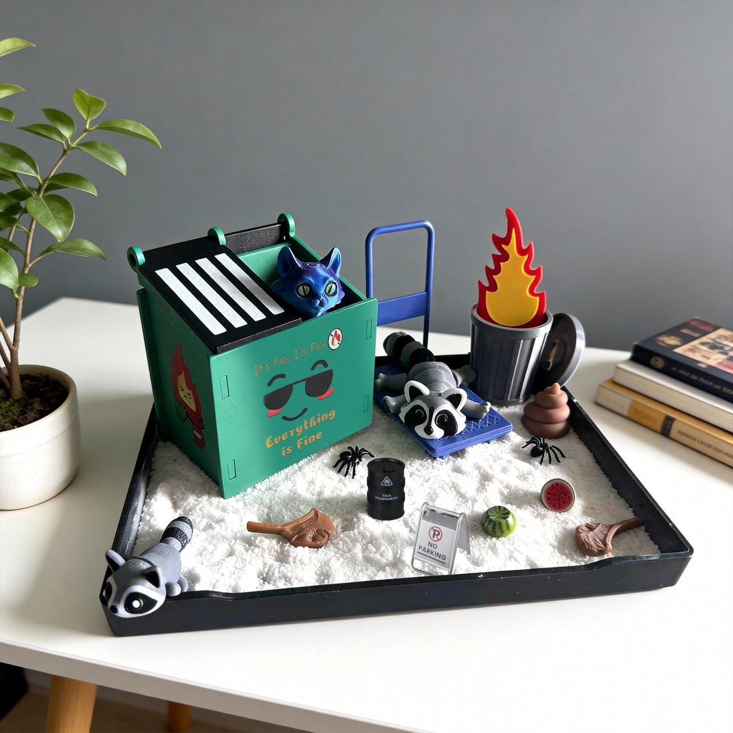 2026 New Dumpster Fire Zen Garden Desktop Kit with Raccoon Figurines - Funny Office Desk Accessory for Stress Relief, White Elephant Gifts, Coworker Gifts - Mini Sand Tray Therapy for Adults