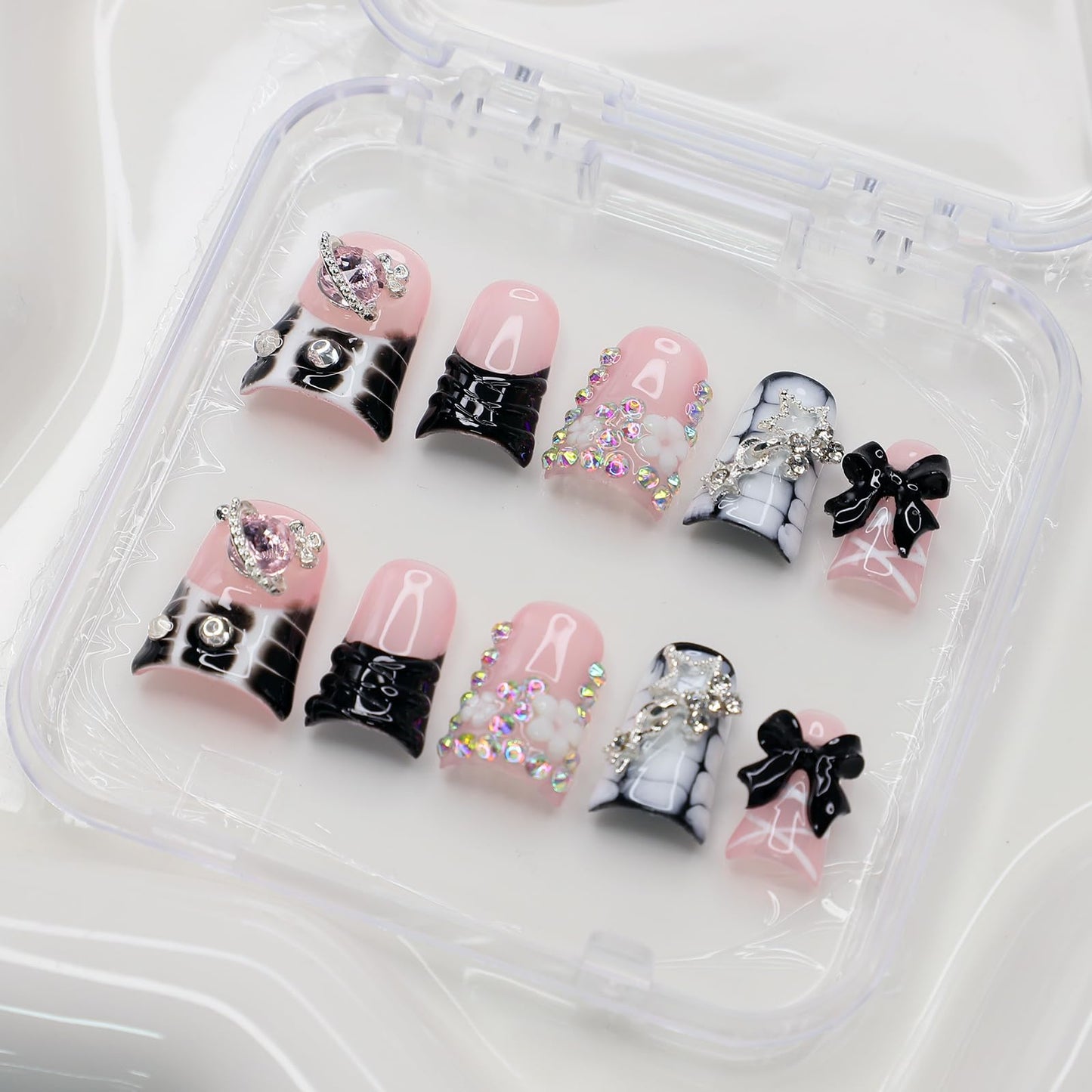 10Pcs Handmade Press on Nails Short Duck Fake Nails with 3D Bow Flower Rhinestone Design French Tip False Nails Black Bow Nail Acrylic Duck Nails Press ons Cute Artificial Stick on Nail for Women (M)