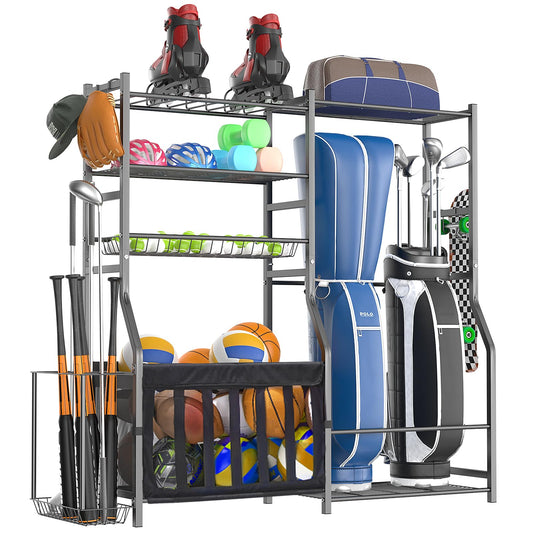 organizelink Heavy Duty Garage Sports Equipment Organizer, All-in-One Golf Bag Storage Rack & Multi-Sport Ball Holder for Basketballs, Bats & Kids Toys, Indoor/Outdoor Free Standing Gear Bin